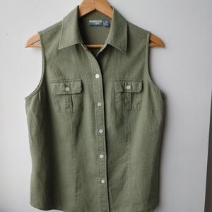Womens Linen Olive Green Sleeveless Top  Breast Pockets XL